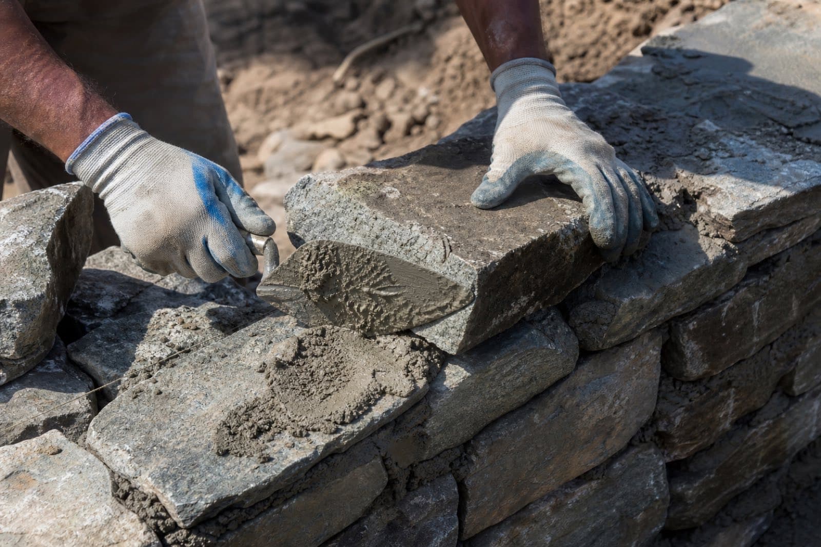 Mason laying natural stone on a retaining wall